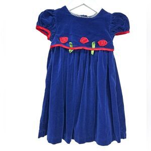 Vintage Navy Blue Velvet Rose Dress Girls 2T